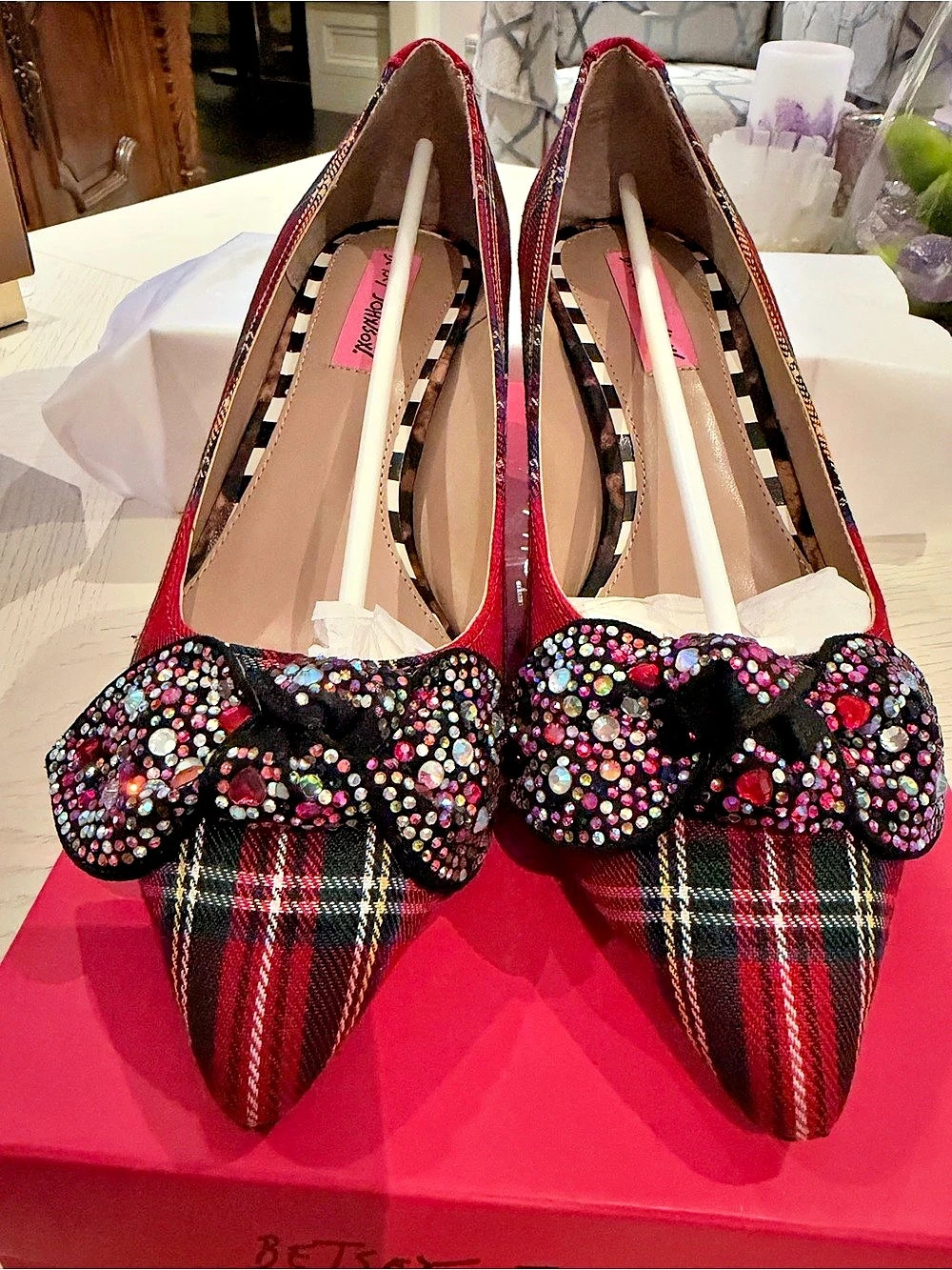 Betsey Johnson Lexie Plaid Embellished Bow Heels Red & Black US 8